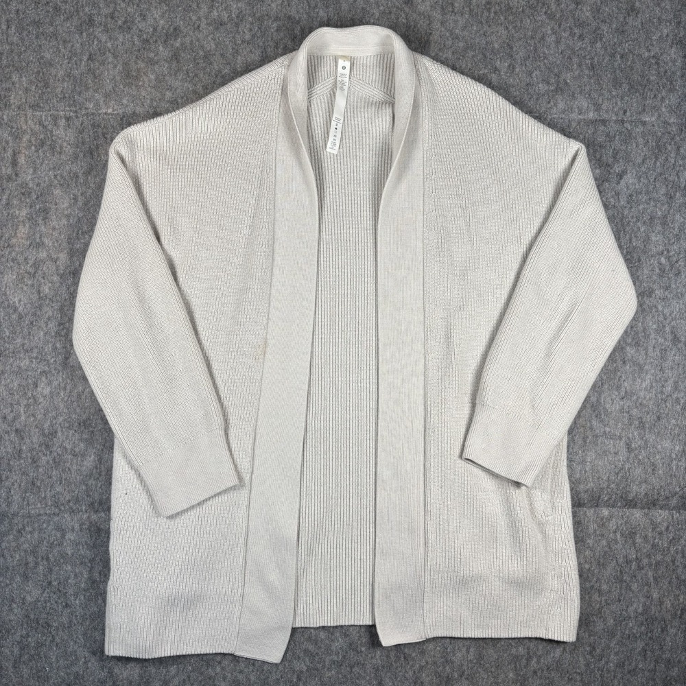 Lululemon Merino Wool Ribbed Long‎ Wrap Cardigan Sweater Cream Women 6 LW3GKBS